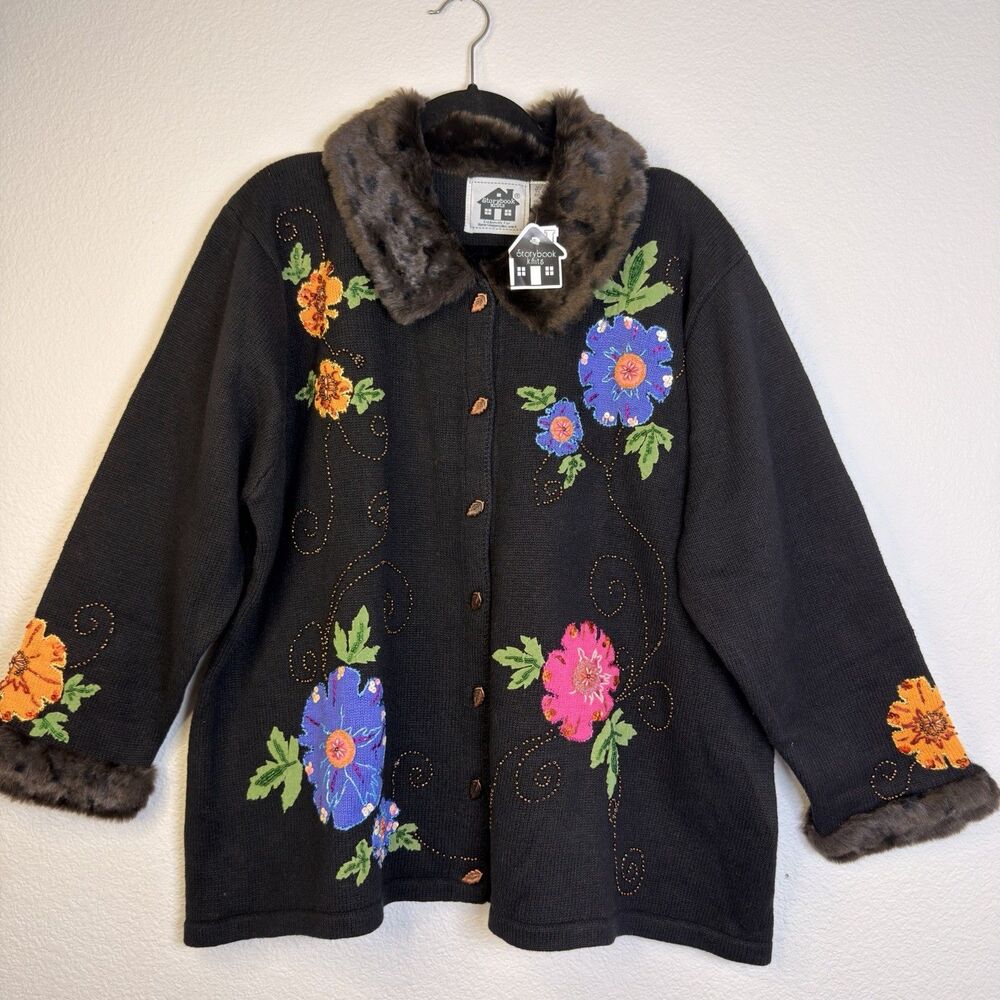 Storybook Knits 3X Black Floral Beaded Sequin Cardigan Faux Fur Collar NWT